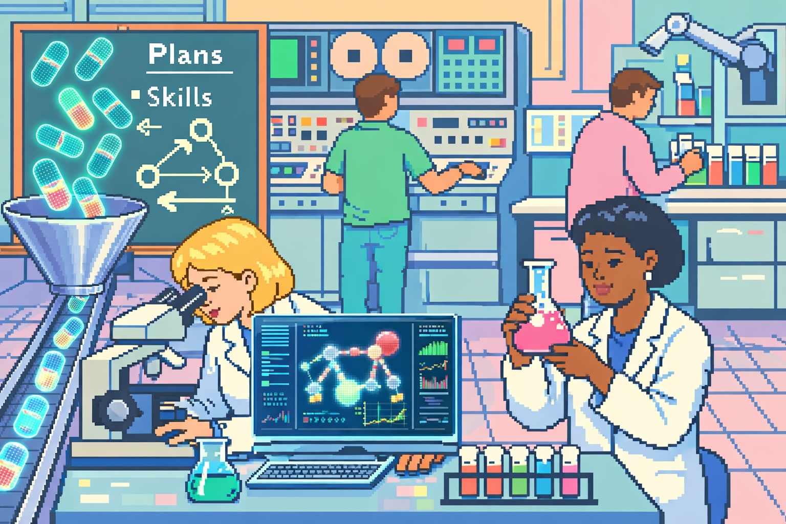Pixel art laboratory scene of scientists making capsules
